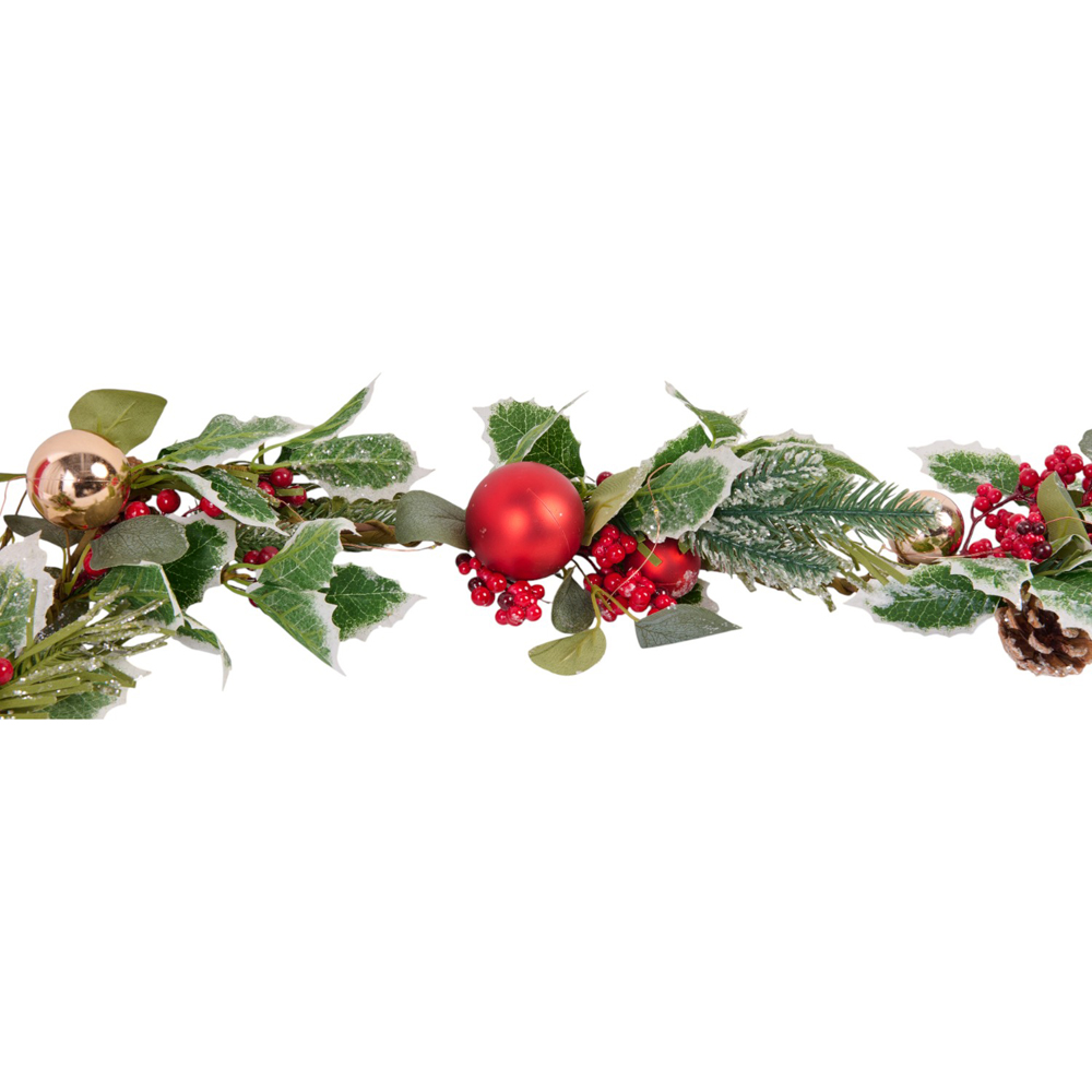 Red Bauble and Holly LED Christmas Garland Image 1