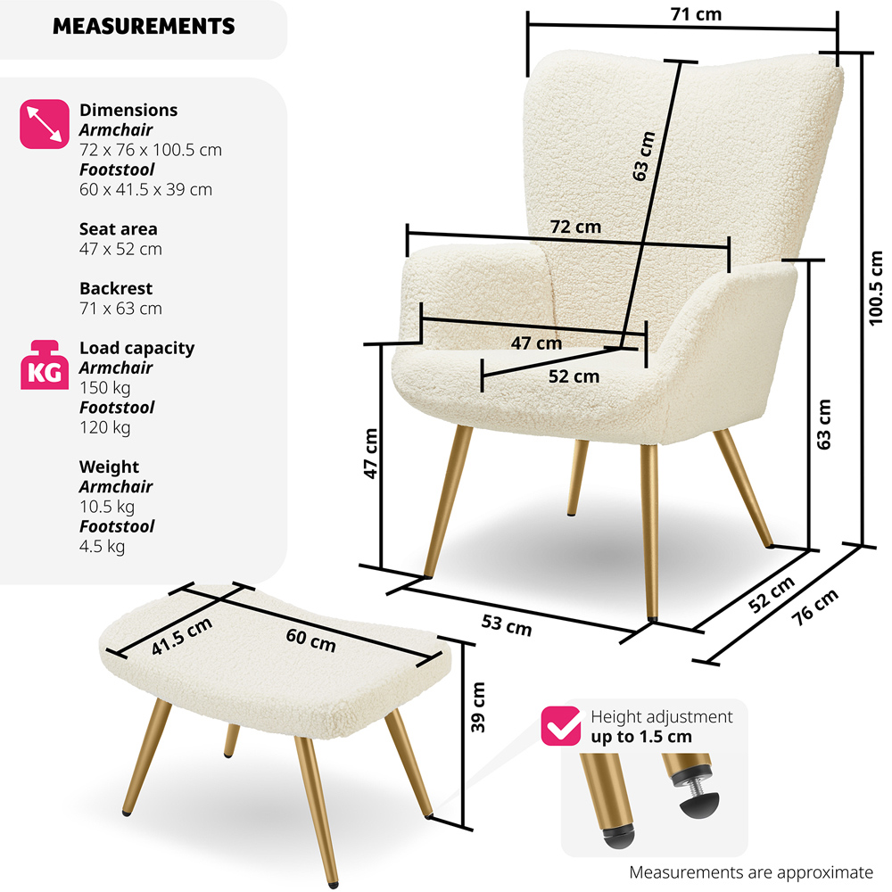 tectake Hygge Cream and Gold Boucle Armchair with Stool Image 9