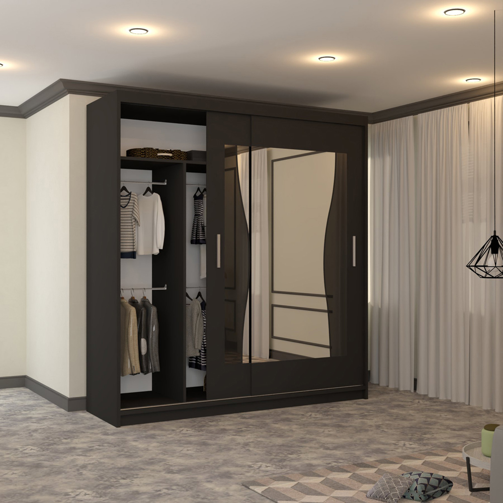 M N Furniture Banton 2 Door Black Curved Mirrored Sliding Wardrobe 203cm Image 3