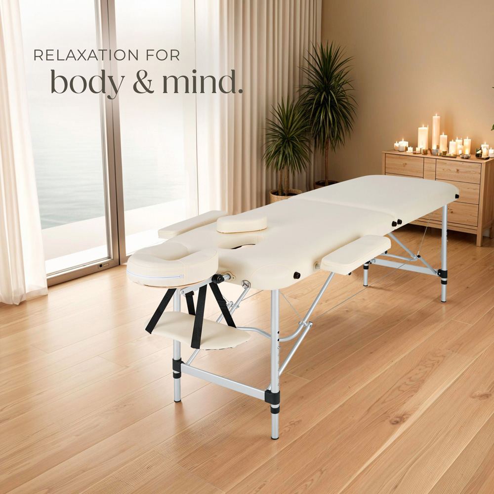 Massage Table - 2-zone bed, aluminium frame, with carry bag, head- and armrests - Beige Image 2