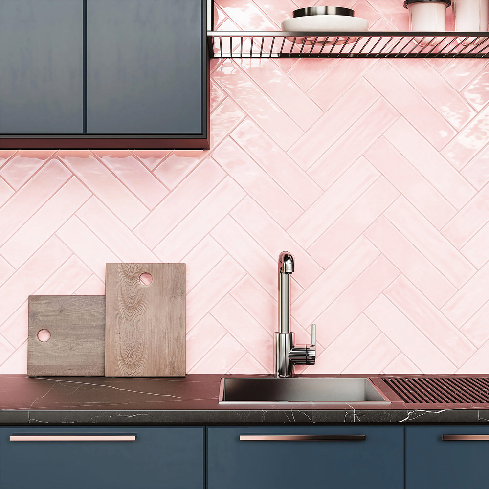 Top Ceramics Pink Gloss Flat Bumpy Metro Ceramic Wall Tile 300 x 75mm Image 1