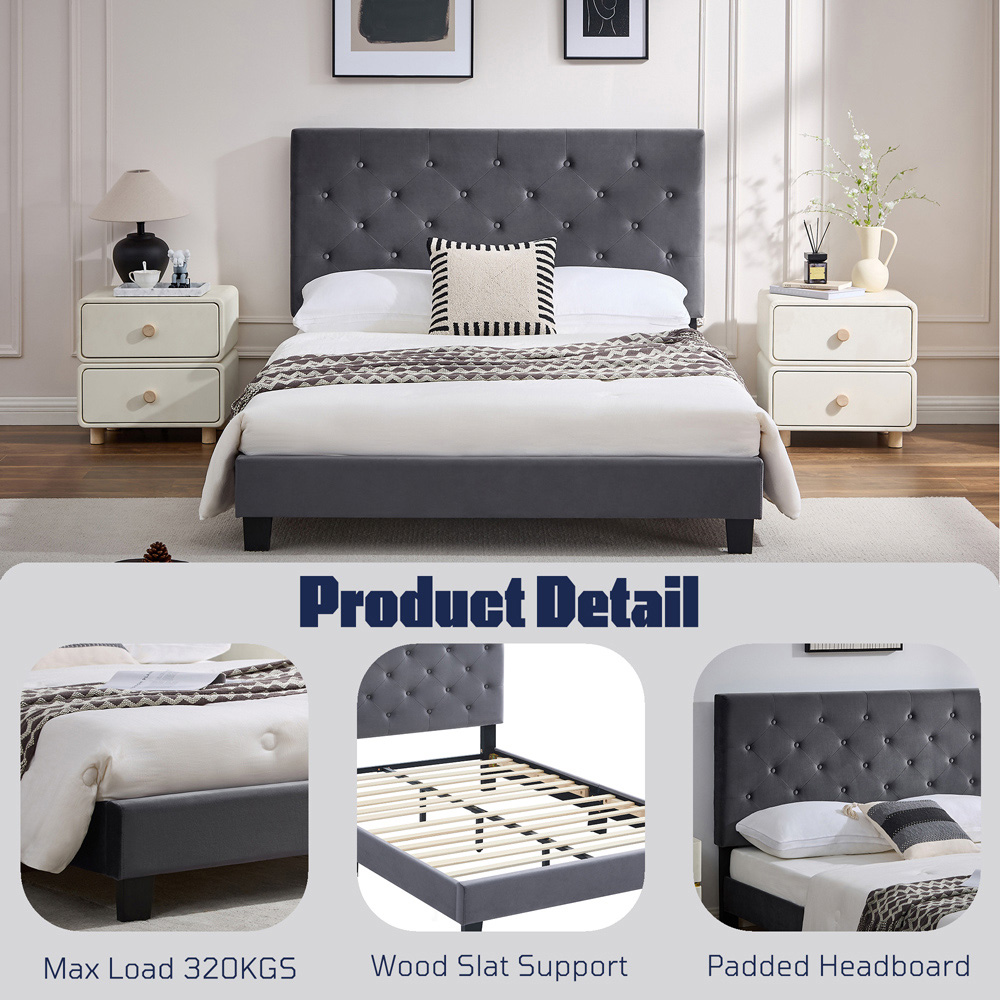 Furniture One Double Grey Upholstered Platform Storage Bed Frame with Tufted Headboard Image 6