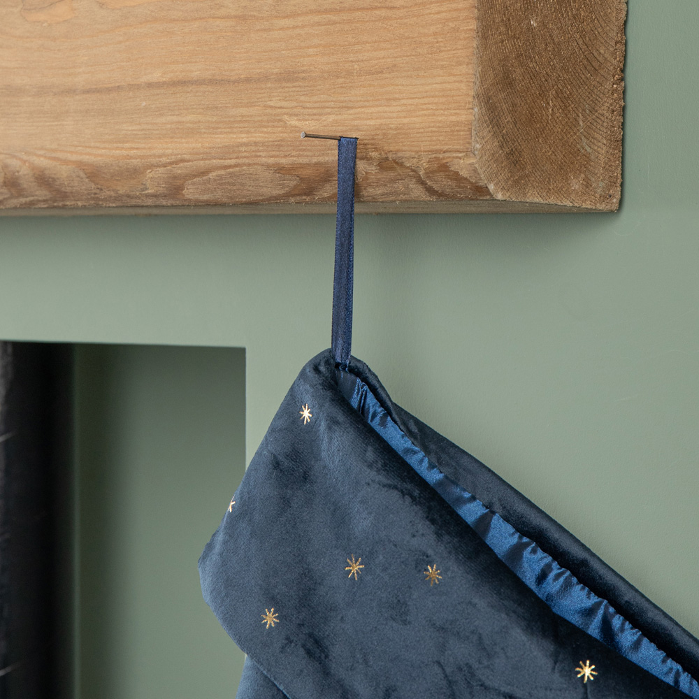 Samuel Alexander Dark Blue Velour Star Print Christmas Stocking with Pom Poms 70cm Image 4