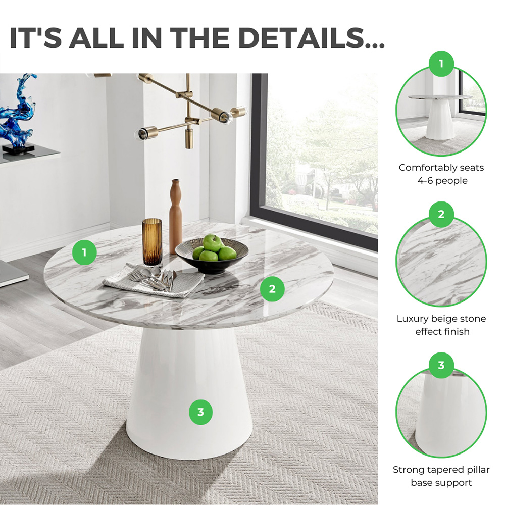 Furniturebox Nova 6 Seater Round Dining Table White Marble Effect Image 7