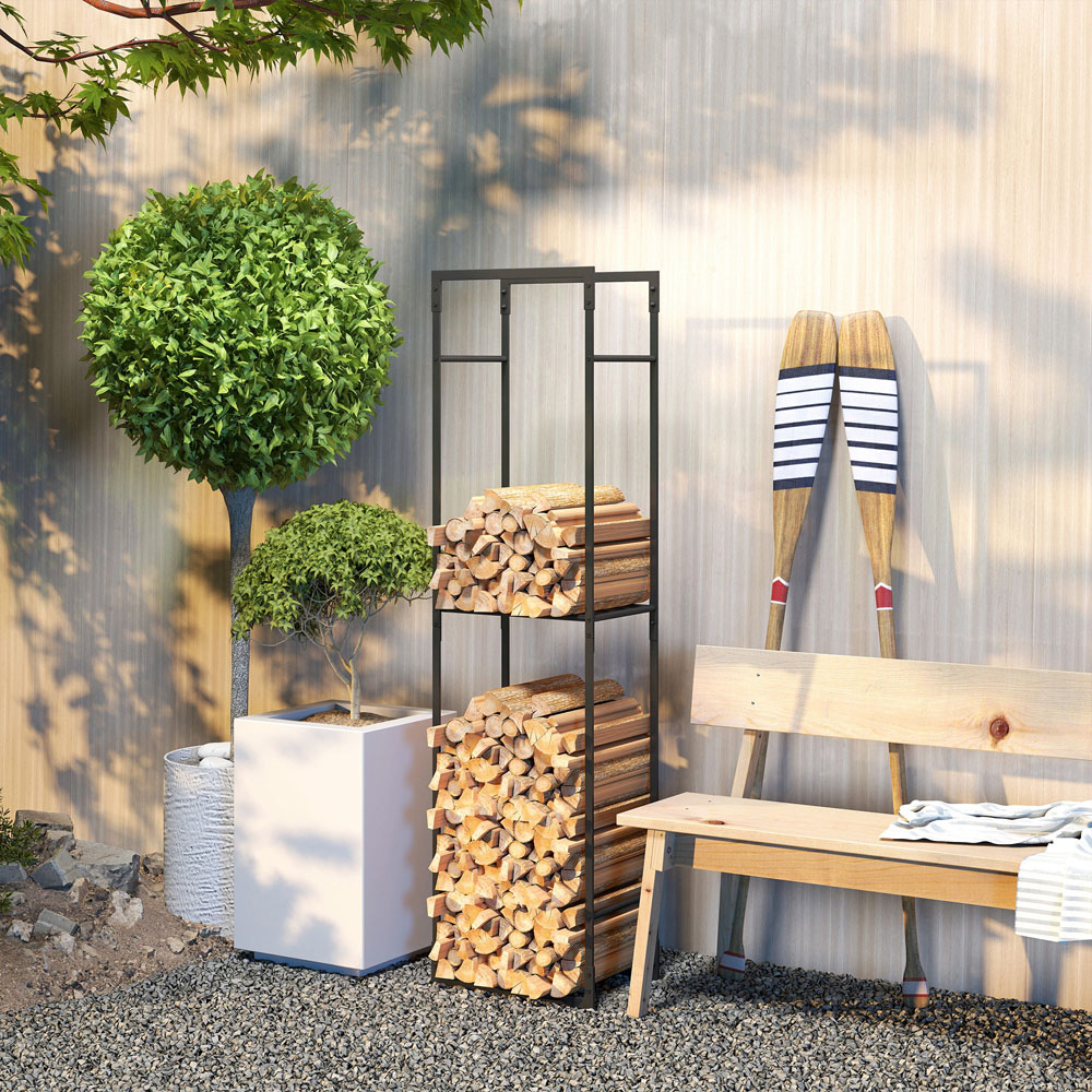 Outsunny Black Metal Firewood Log Holder with Adjustable Shelf 170 x 31 x 45cm Image 5