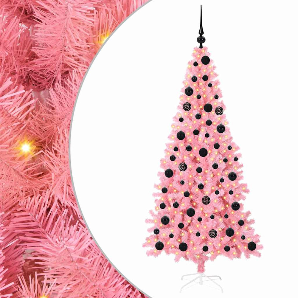 vidaXL Pre-Lit Black Baubles Pink Artificial Christmas Tree 6ft Image 2