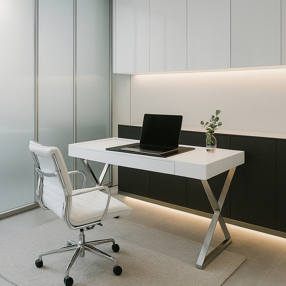 Centurion Supports Adonis Single Drawer Computer Desk with Leather Pad Gloss White and Chrome Image 4