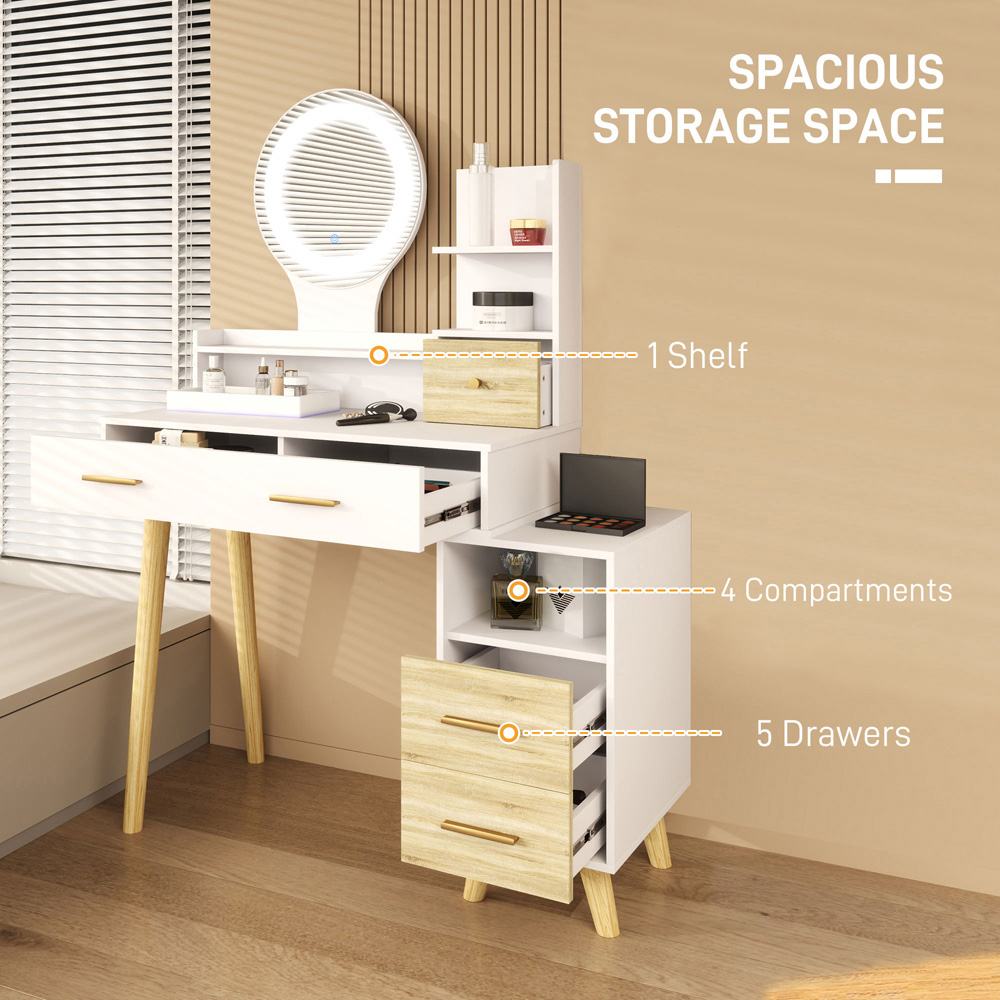 Portland 5 Drawer 5 Shelf White Dressing Table with LED Light Mirror Image 8