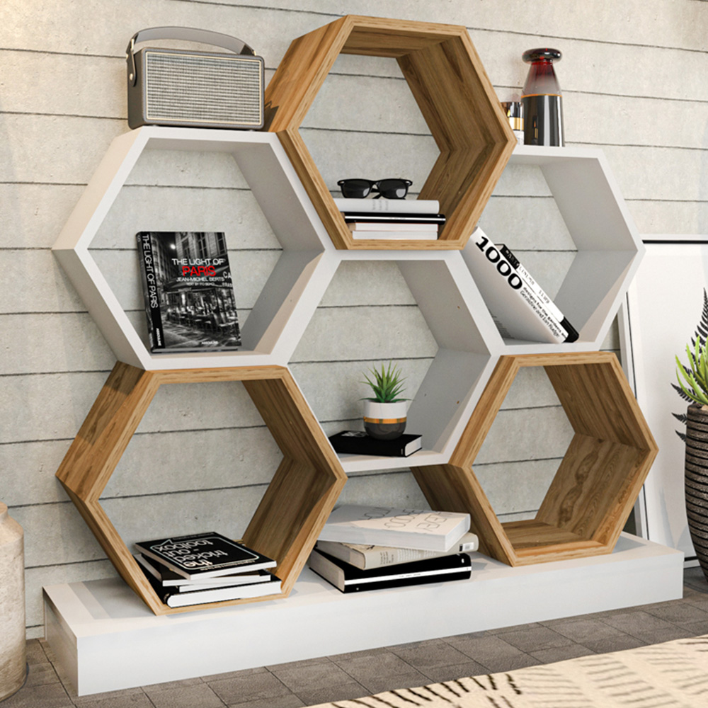 Decorotika Flower White and Oud Wide Hexagonal Bookcase Image 1