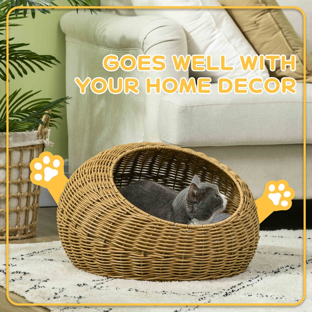 PawHut Light Brown Wicker Cat House Image 6