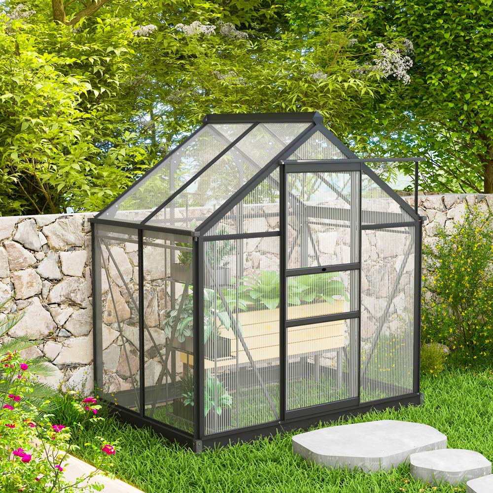 Outsunny 6 x 4ft Black Galvanised Aluminium Polycarbonate Walk In Greenhouse Image 4