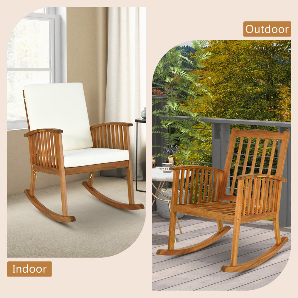 costway acacia wood rocking chair patio garden lawn w cushion