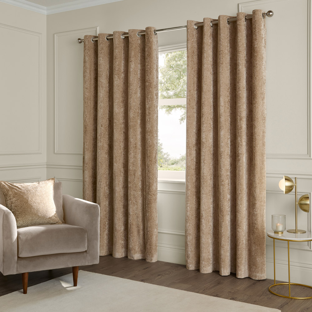 Paoletti Champagne Lustre Velvet Fully Lined Eyelet Curtains 229 x 137cm Image 1