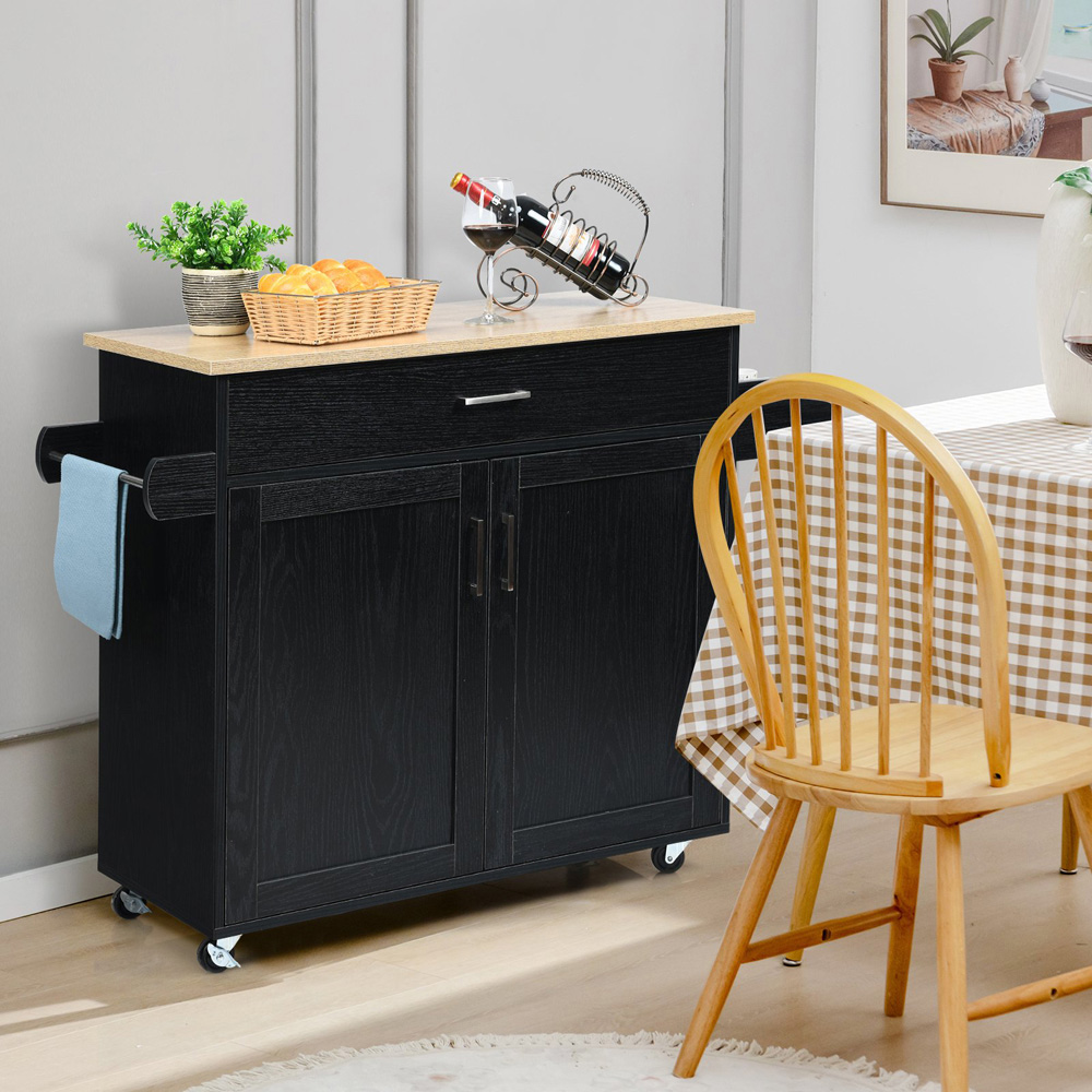 Costway 2 Door Single Drawer Black Kitchen Island Trolley Image 2