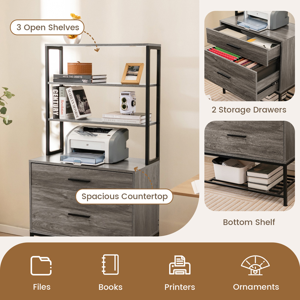 Costway 2 Drawer 4 Shelf Grey Freestanding Printer Stand Image 8
