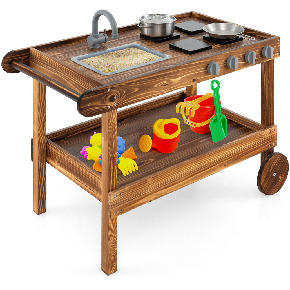Costway Natural Mud Kitchen with Rolling Wheels Playset Image 3