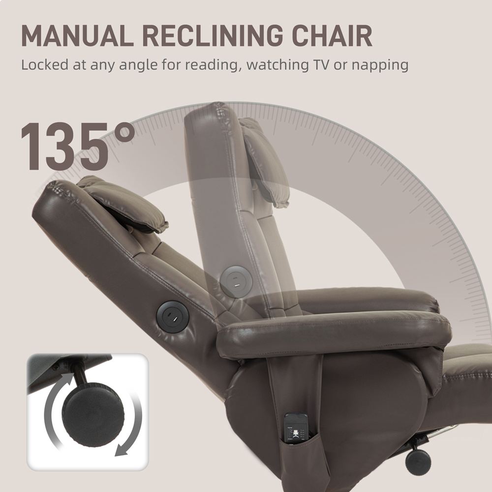 HOMCOM Brown PU Leather Upholstered Massage Recliner Chair with Adjustable Backrest Image 5