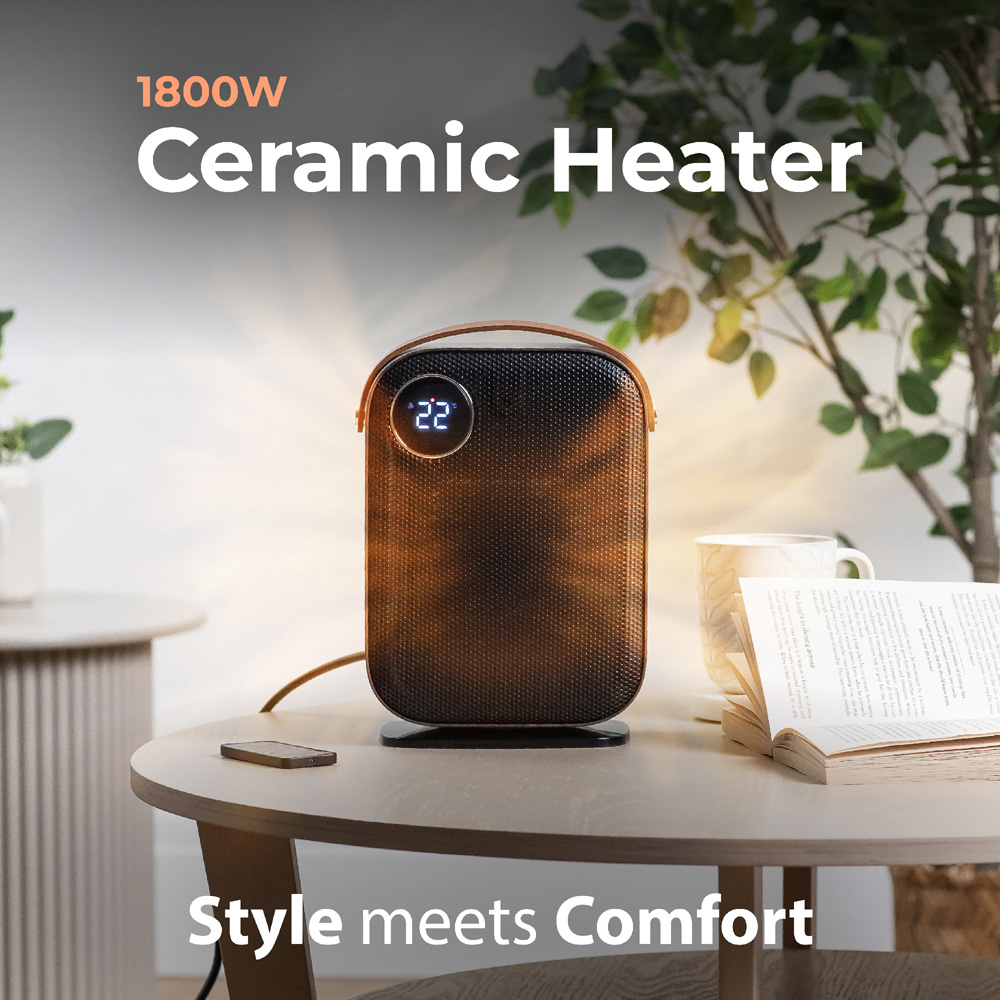 Abode ADTH1004 Black and Wood Grain Effect Ceramic Heater with Faux Leather Handle 1800W Image 5