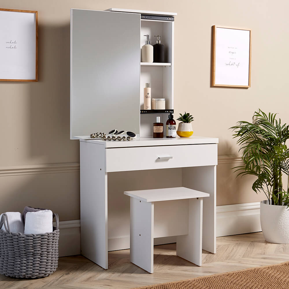 Home Source Berlin Single Drawer White Dressing Table Set with Sliding Vanity Mirror Image 7