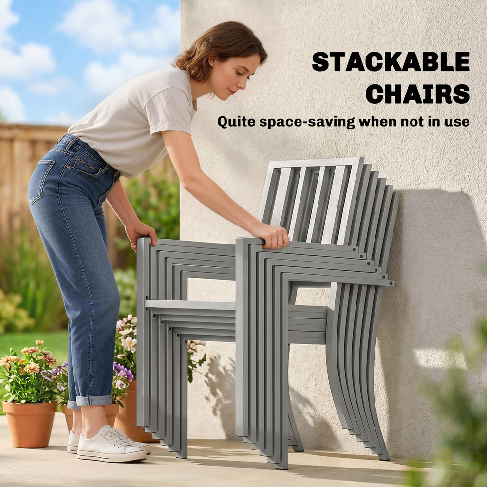 Outsunny 6 Seater Patio Stackable Dining Set with Umbrella Hole Light Grey Image 6
