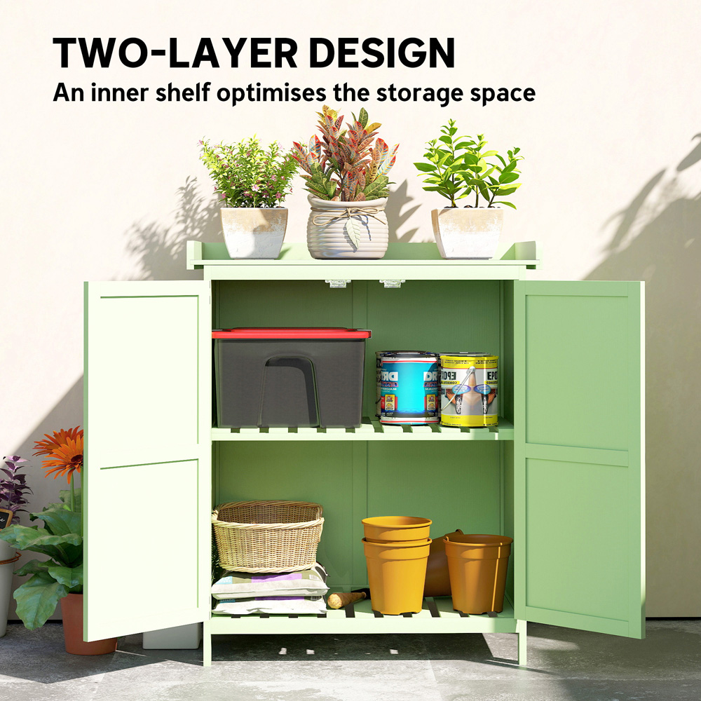 Outsunny 2.8 x 2.4ft 2 Shelf Light Green Wooden Garden Storage Shed with Hinged Roof Image 6