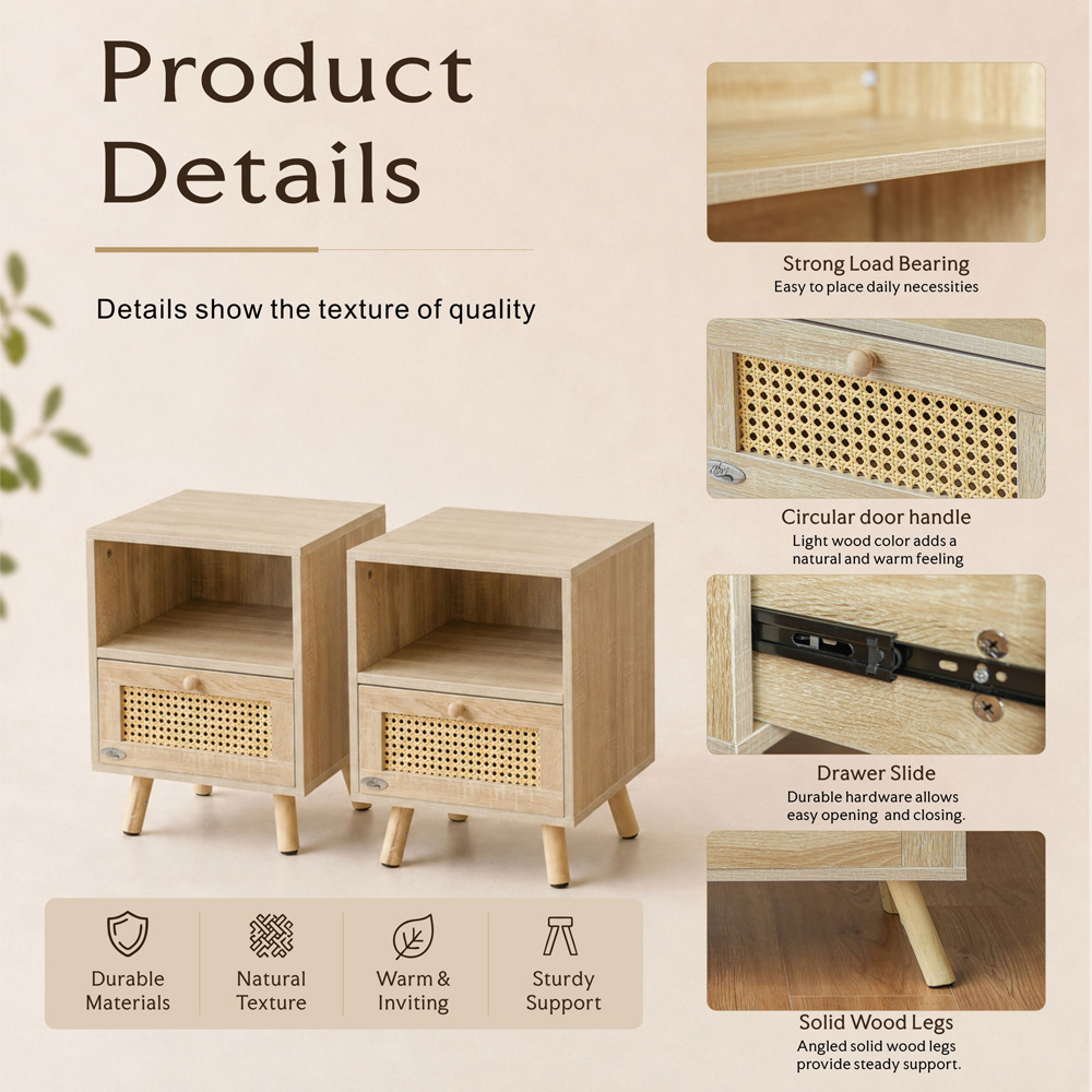 Abrihome Single Drawer Single Shelf Natural Wooden Rattan Nightstand Set of 2 Image 5