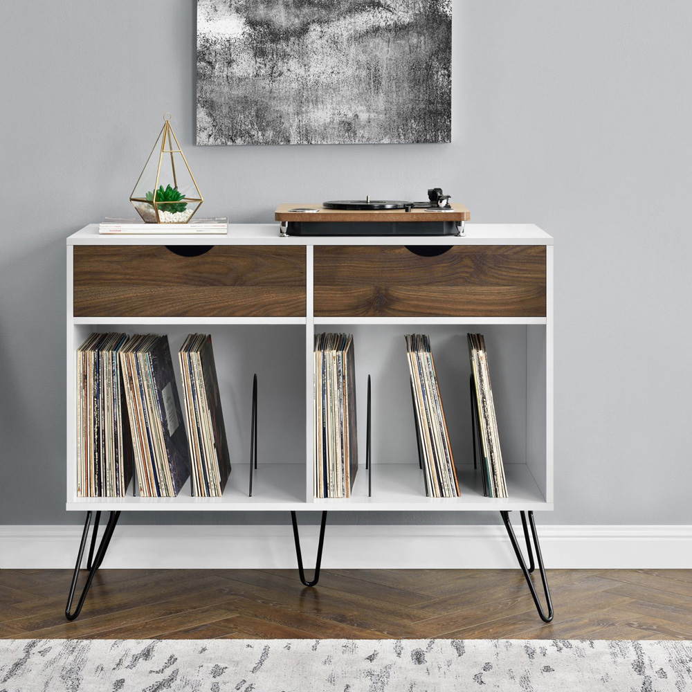 Novogratz Harmony 2 Drawer White and Oak Turntable Stand Image 7