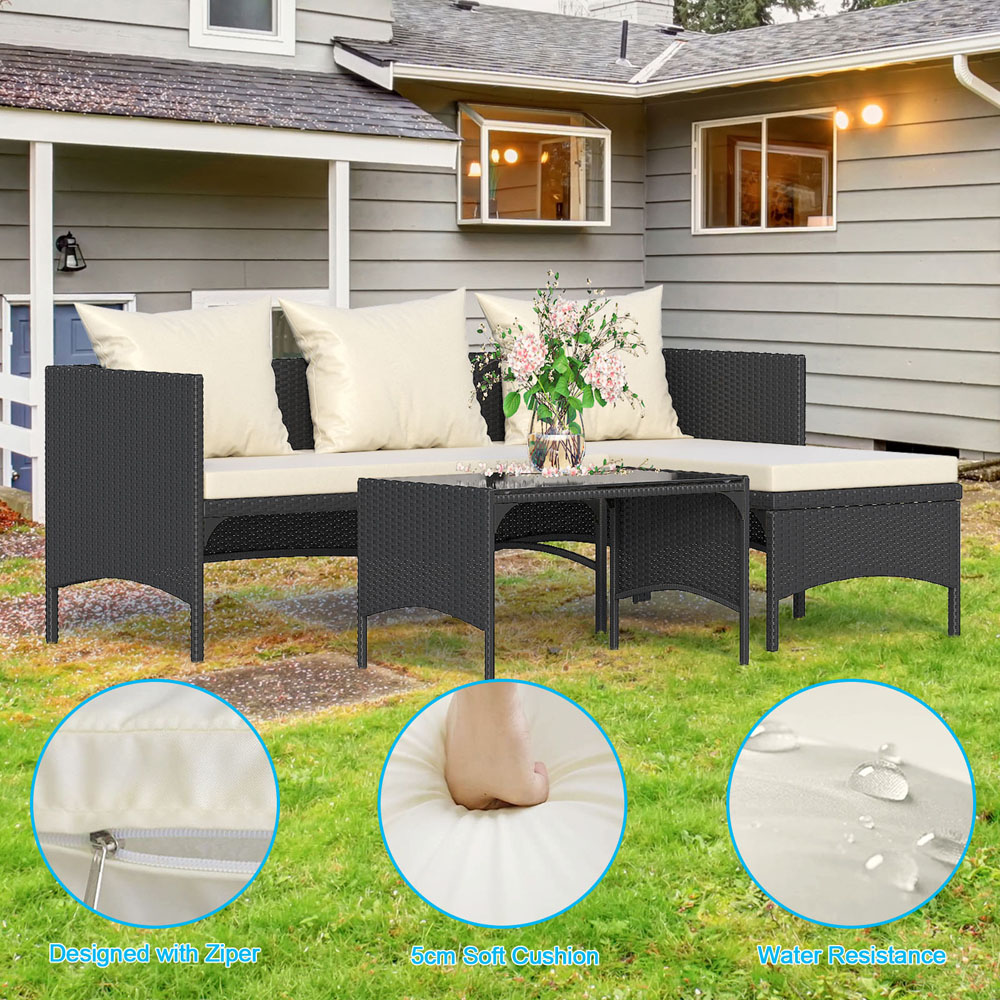 Rattrix 3 Seater Black Rattan Garden Chaise Conversation Set with Cushion Image 5
