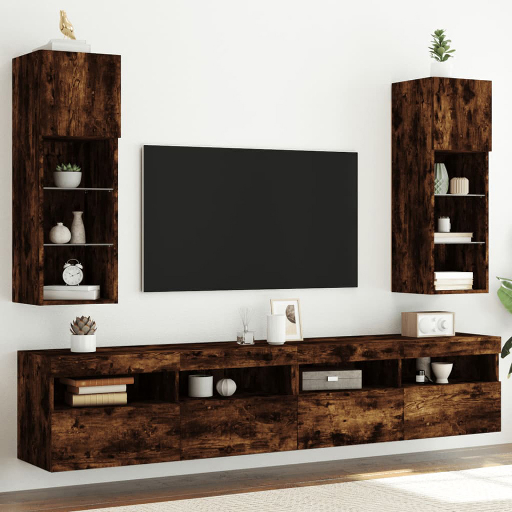 vidaXL Single Door 3 Shelf Smoked Oak Wooden TV Cabinet with LED Set of 2 Image 1