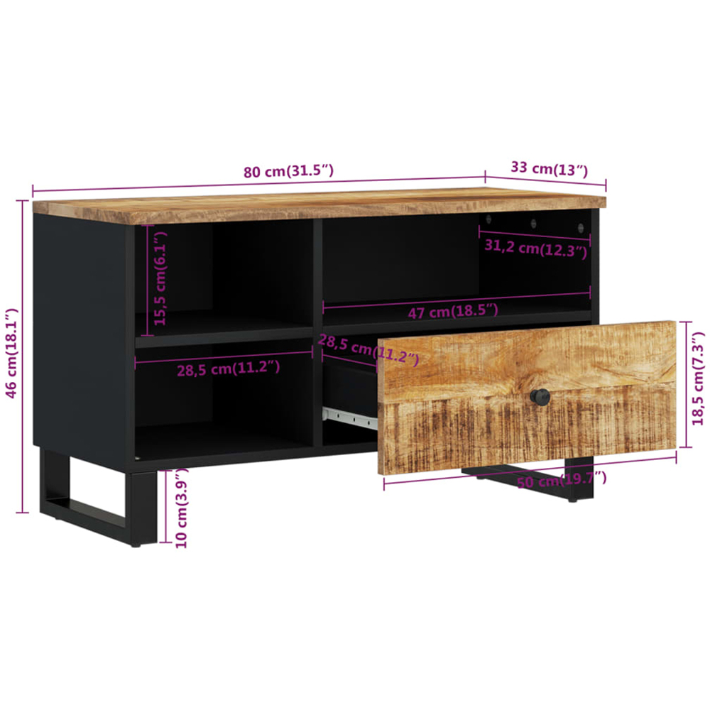 vidaXL Single Drawer 3 Shelf Light Brown Solid Mango Wood TV Cabinet Image 9