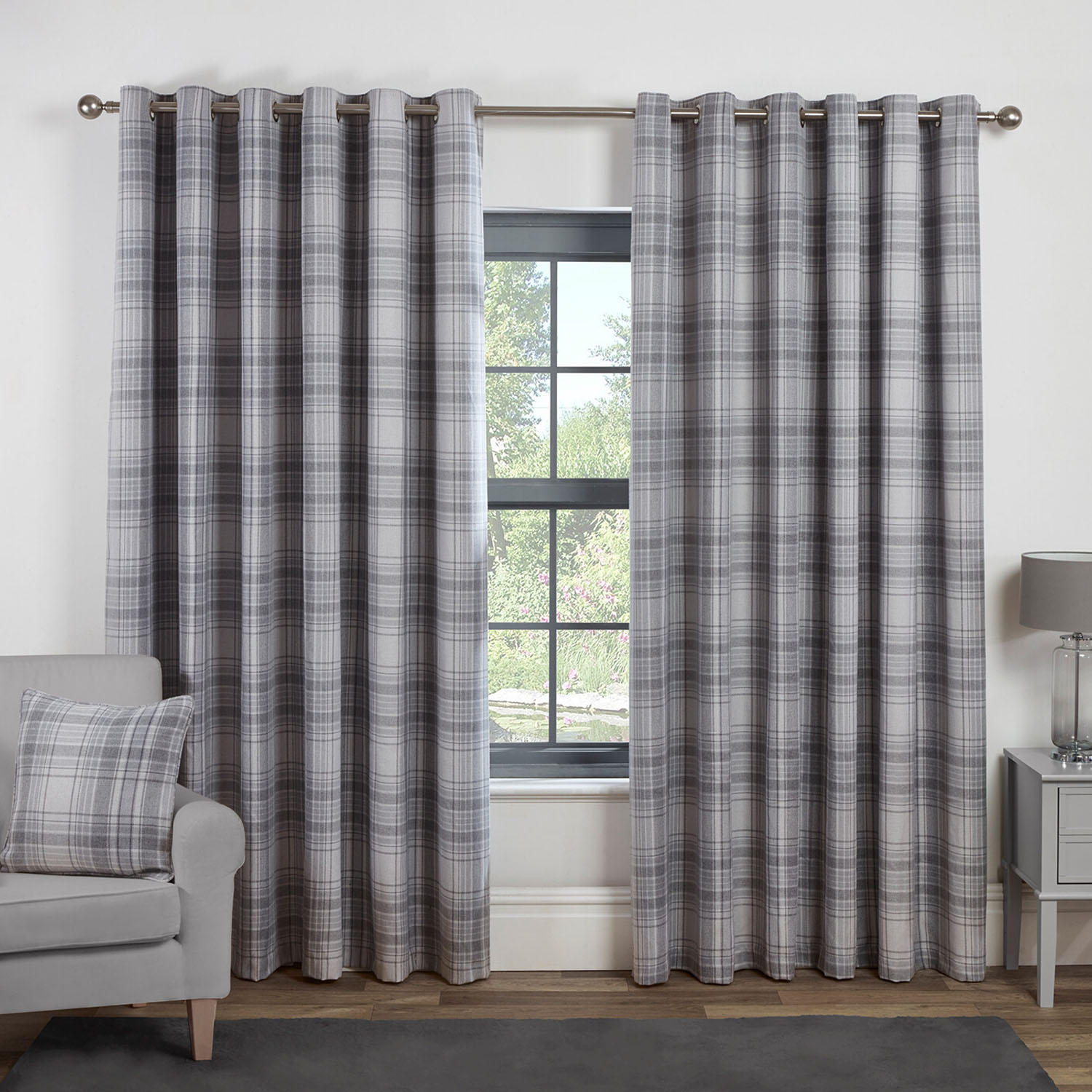 Divante Hatfield Grey Check Blackout Eyelet Curtains 137 x 168cm Image 1