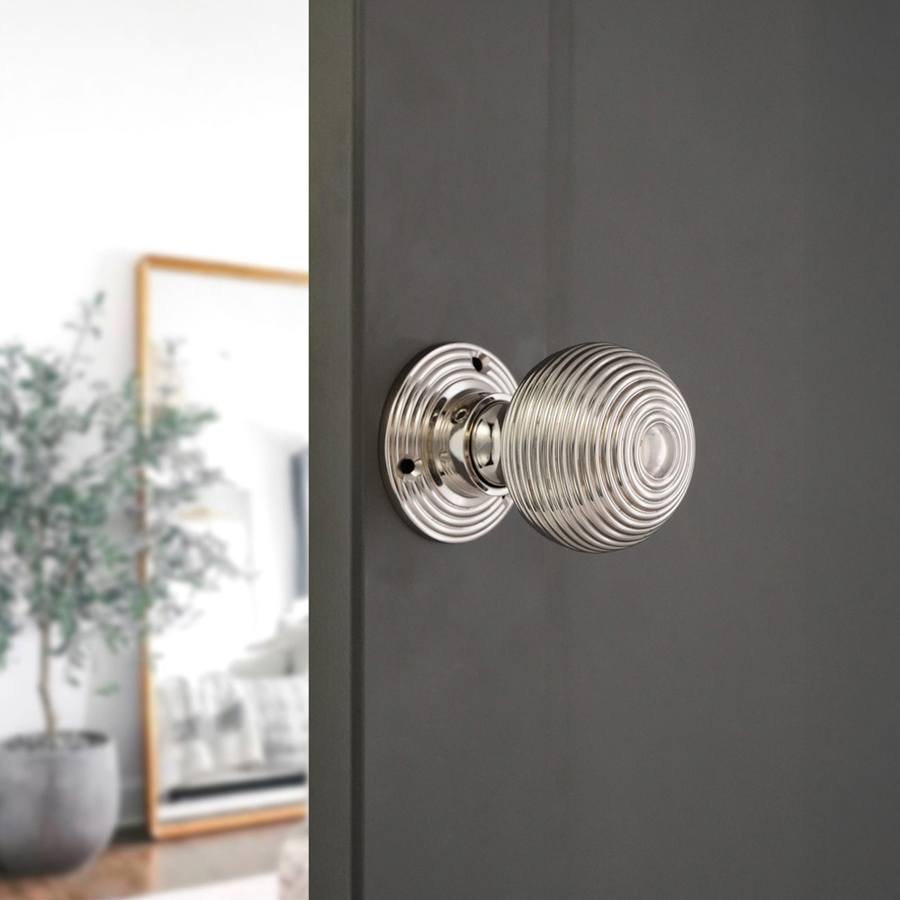 Spira Brass Polished Nickel Ribbed Rim and Mortice Door Knob 2 Pack Image 2