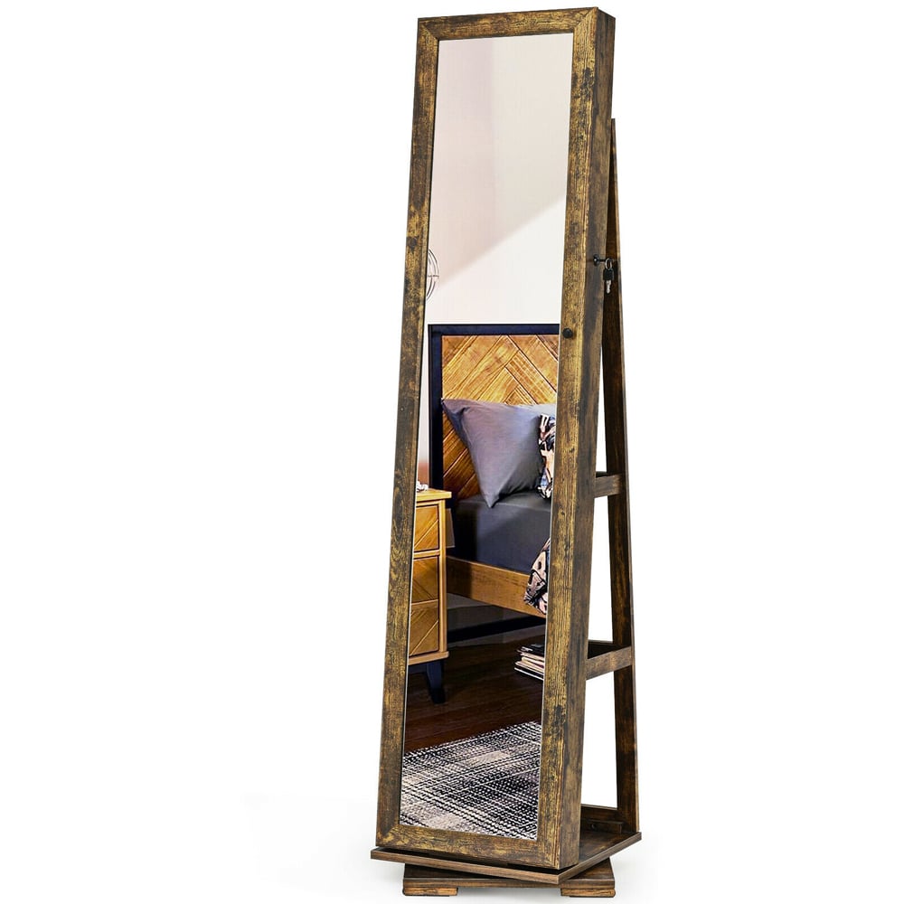 Costway Rustic Brown Rotatable Full Length Mirrored Jewellery Cabinet with 3 Shelf Image 1