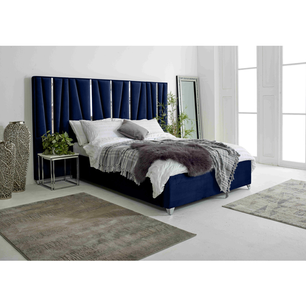 Eleganza Mila Small Double Blue Plush Velvet Bed Frame with Lined Headboard Image 9