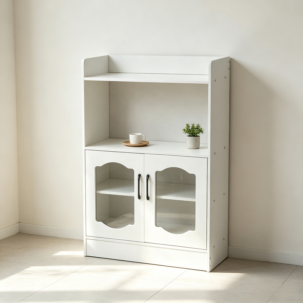 Living and Home 2 Door 2 Shelf White Glass Panel Sideboard Image 8