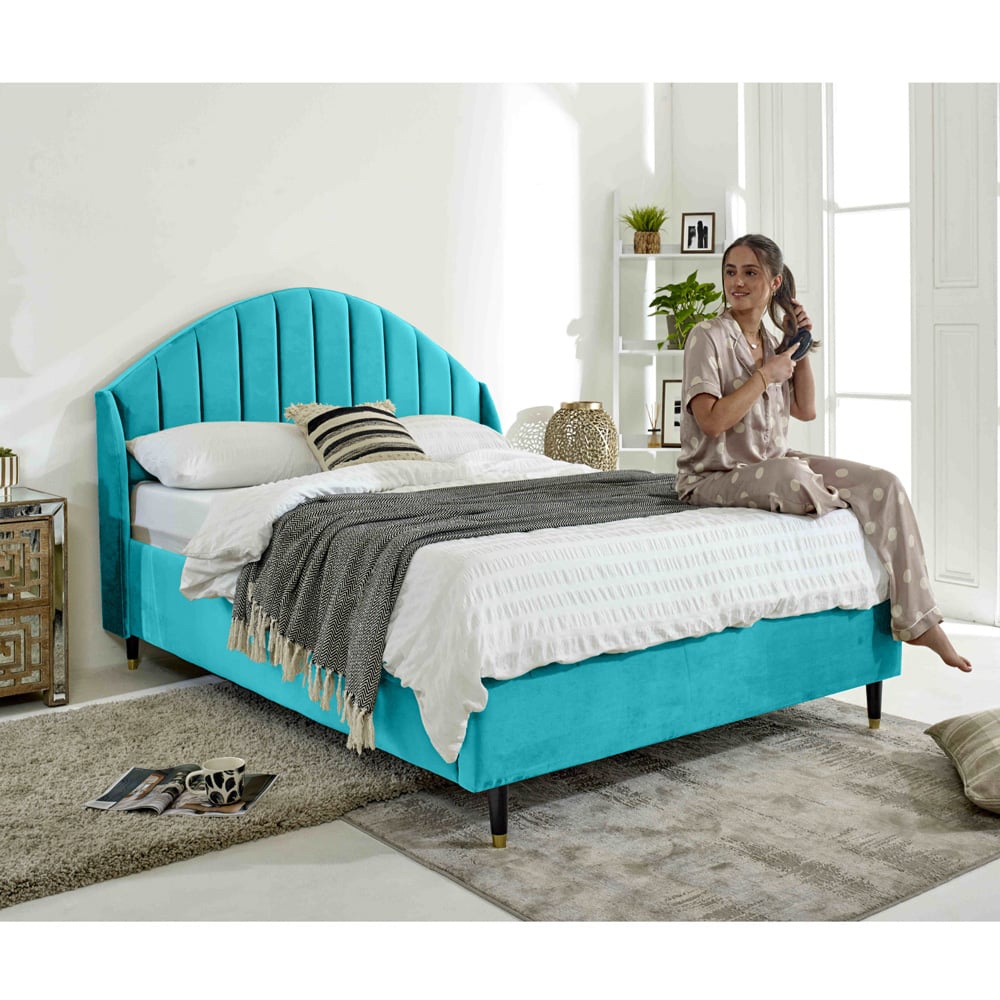Eleganza Elysium Single Teal Plush Velvet Bed Frame with Curved Winged Headboard Image 4