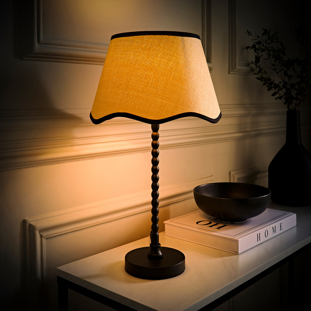 ValueLights Maeve Scallop Black Trim Drum Shade Bobbin Table Lamp and LED Bulb Image 6