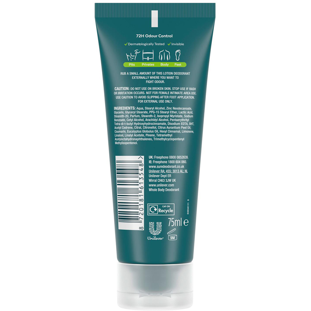 Sure Men 72H Odour Control Whole Body Active Fresh Deodorant Cream 75ml 12 Pack Image 3