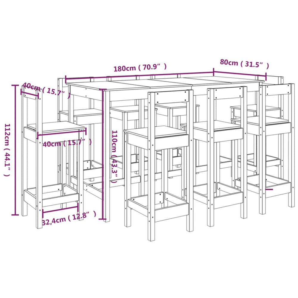 vidaXL 8 Seater White Solid Pine Wood Bar Table Set Image 9