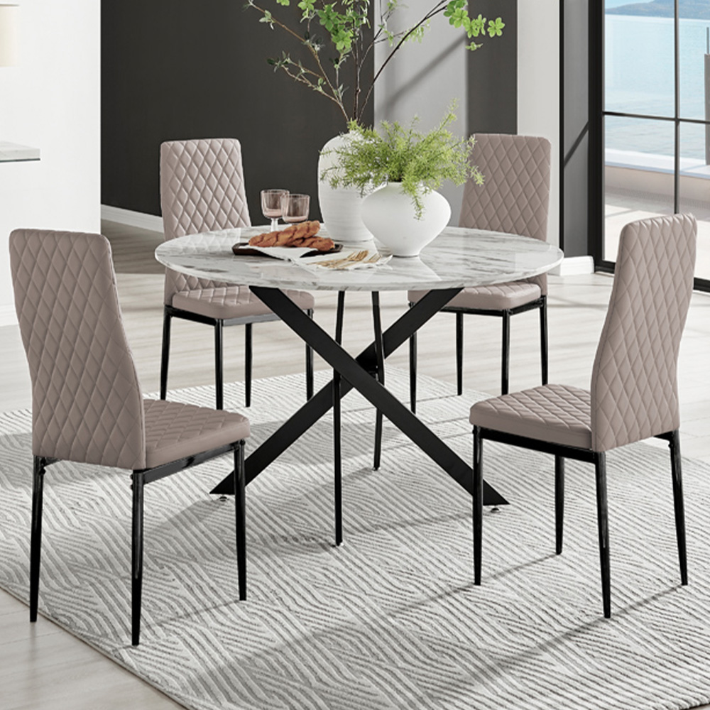Furniturebox Arona Valera Marble Effect 4 Seater Round Dining Set White Black and Cappuccino Image 1