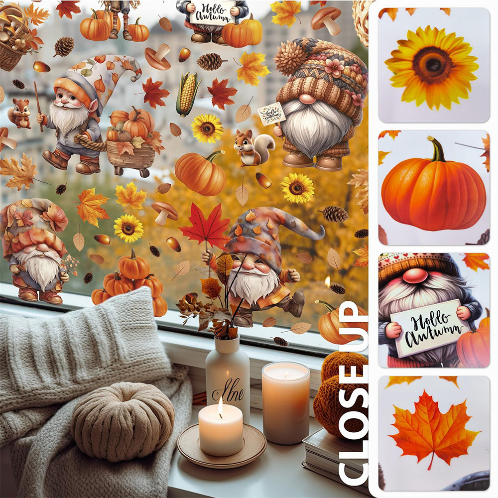Walplus Halloween 148 Piece Autumn Gnomes and Pumpkin Window Cling Set Image 3