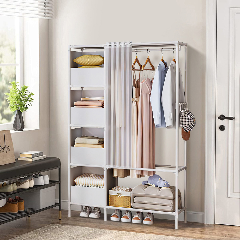 H&O Direct 5 Shelf White Portable Metal Wardrobe with Hanging Rail and Curtain Image 5