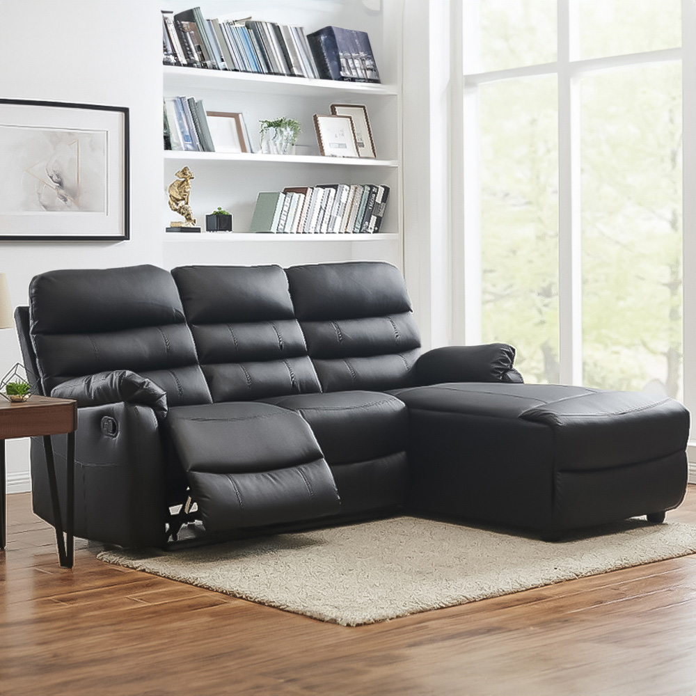Home Detail Carter 3 Seater Black Faux Leather Right Hand Chaise Manual Recliner Sofa Image 1