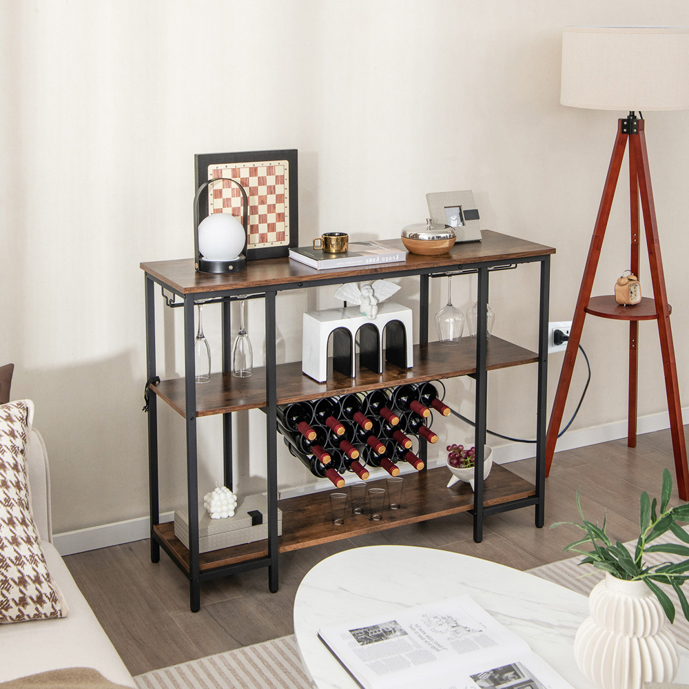 Costway 3 Shelf 15 Bottles Brown Wine Rack with Glass Holder Image 4