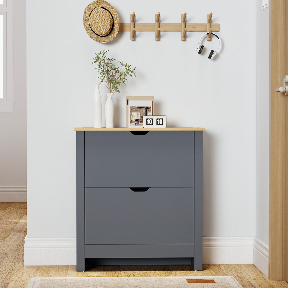 HOMCOM 2 Flip Down Door Charcoal Grey Shoe Cabinet Image 8