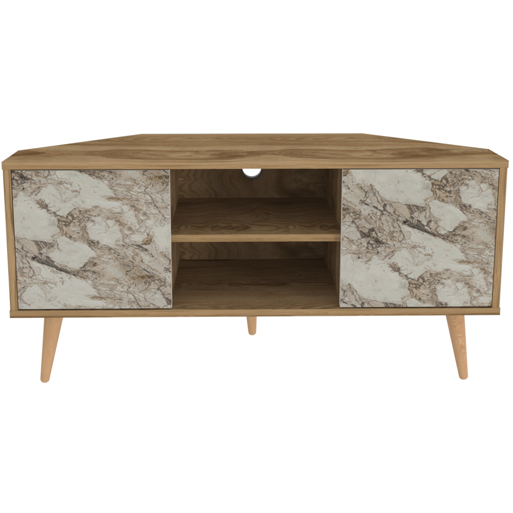 Decorotika Lesson 2 Door 2 Shelf Oud and White Marble Effect Corner TV Stand Image 2