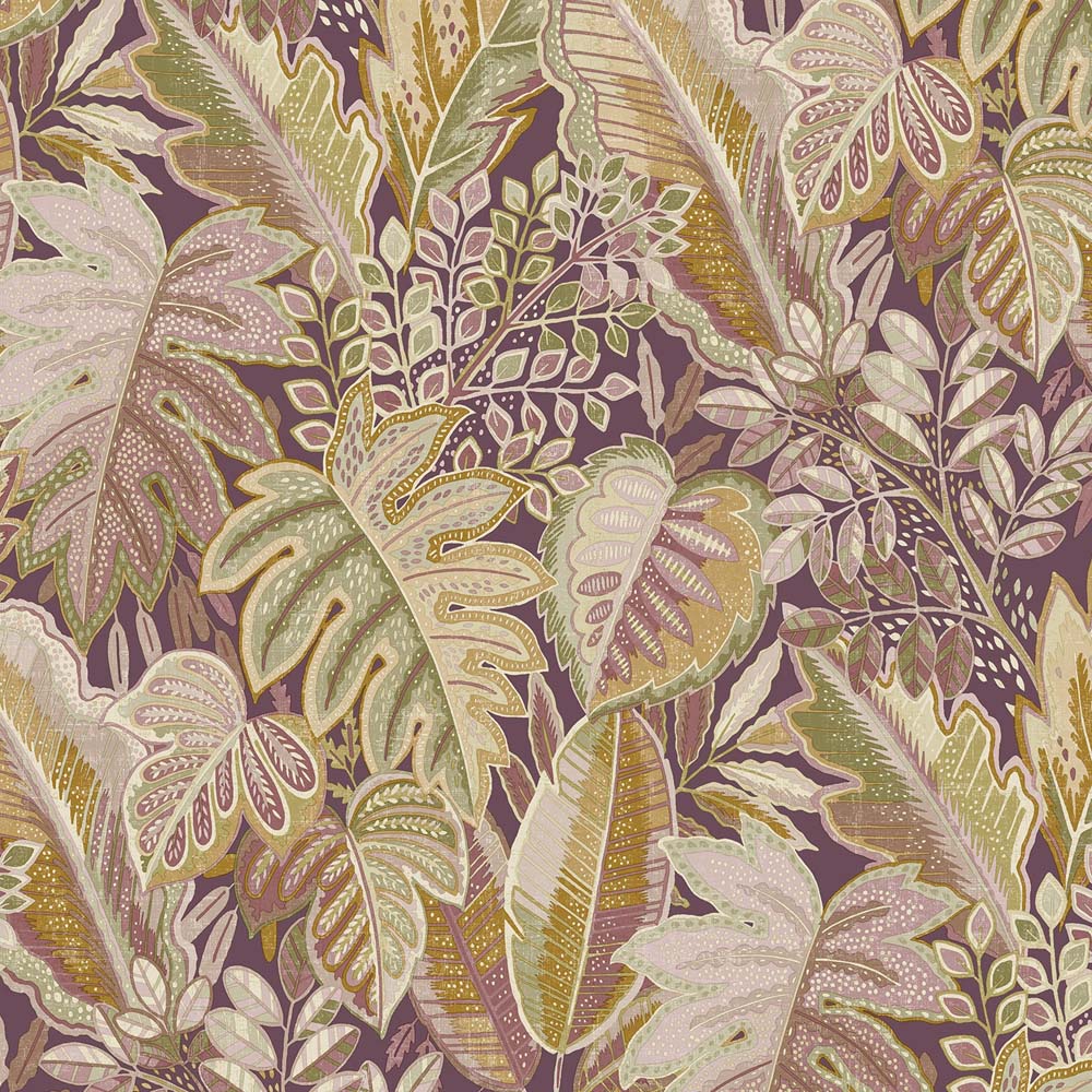 Grandeco Tribal Leaf Foliage Pink and Purple Textured Wallpaper Image 1