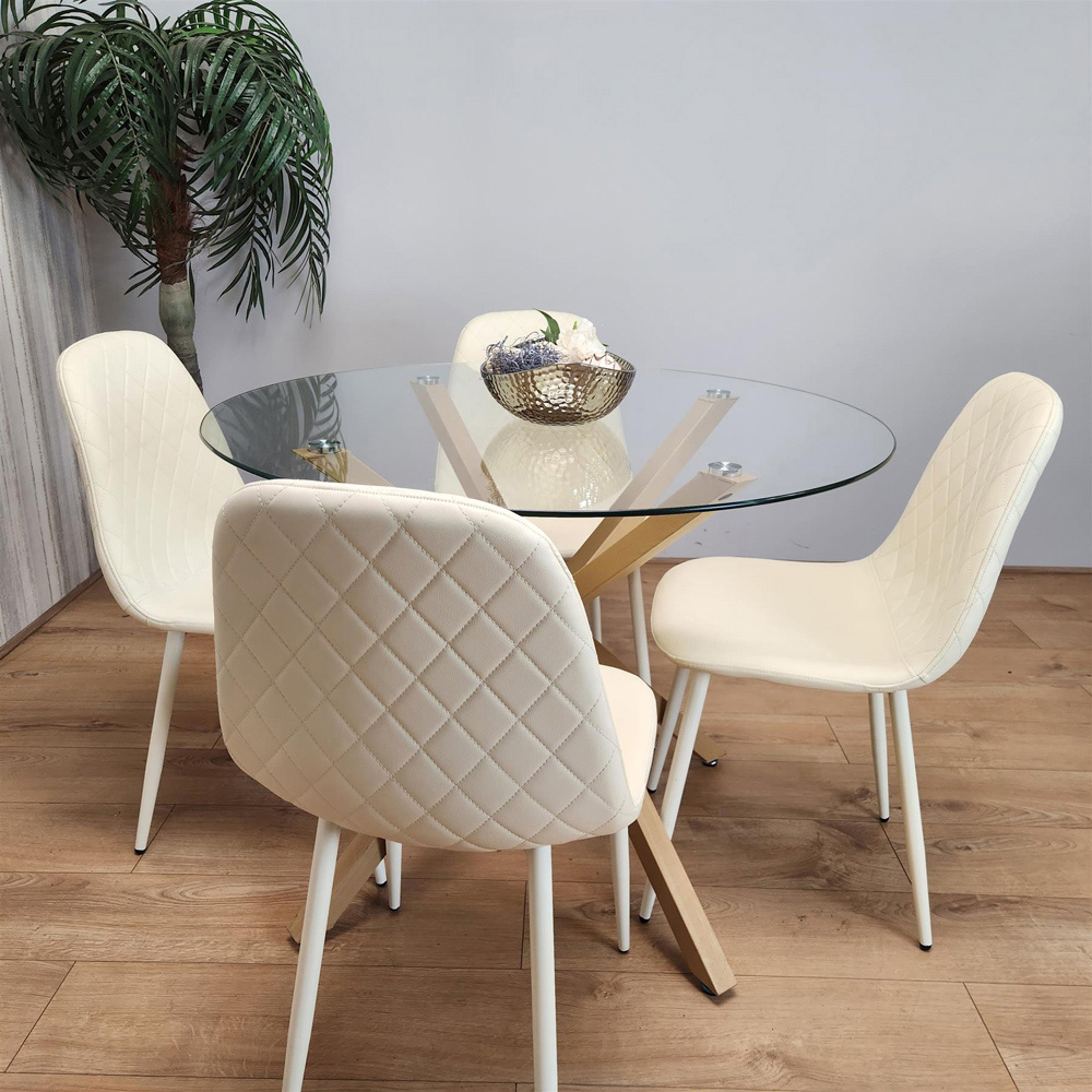 Kosy Koala 4 Seater Glass and Faux Leather Gem Pattern Round Dining Set Cream Image 4