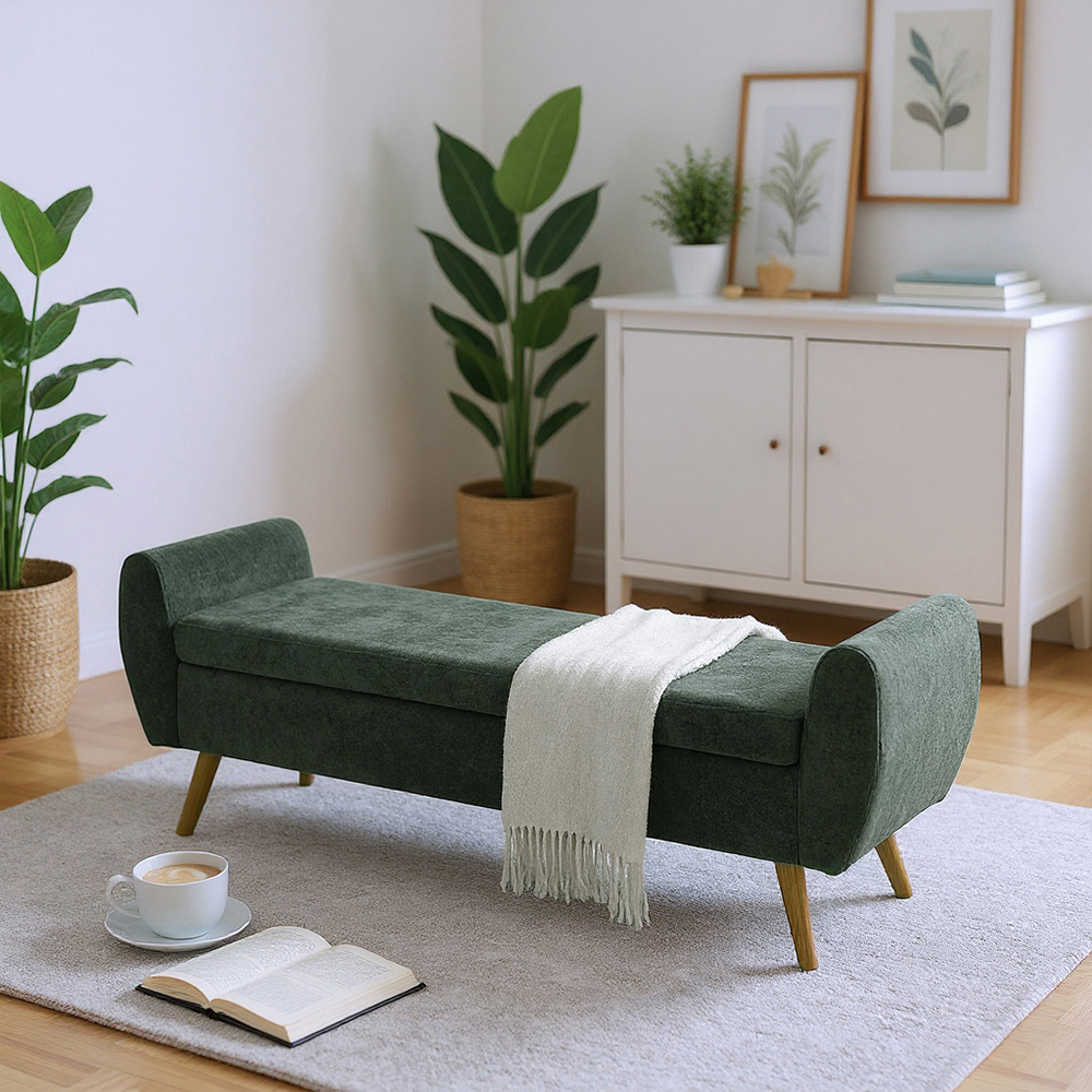 Living and Home Green Chenille Upholstered Storage Bench Image 7