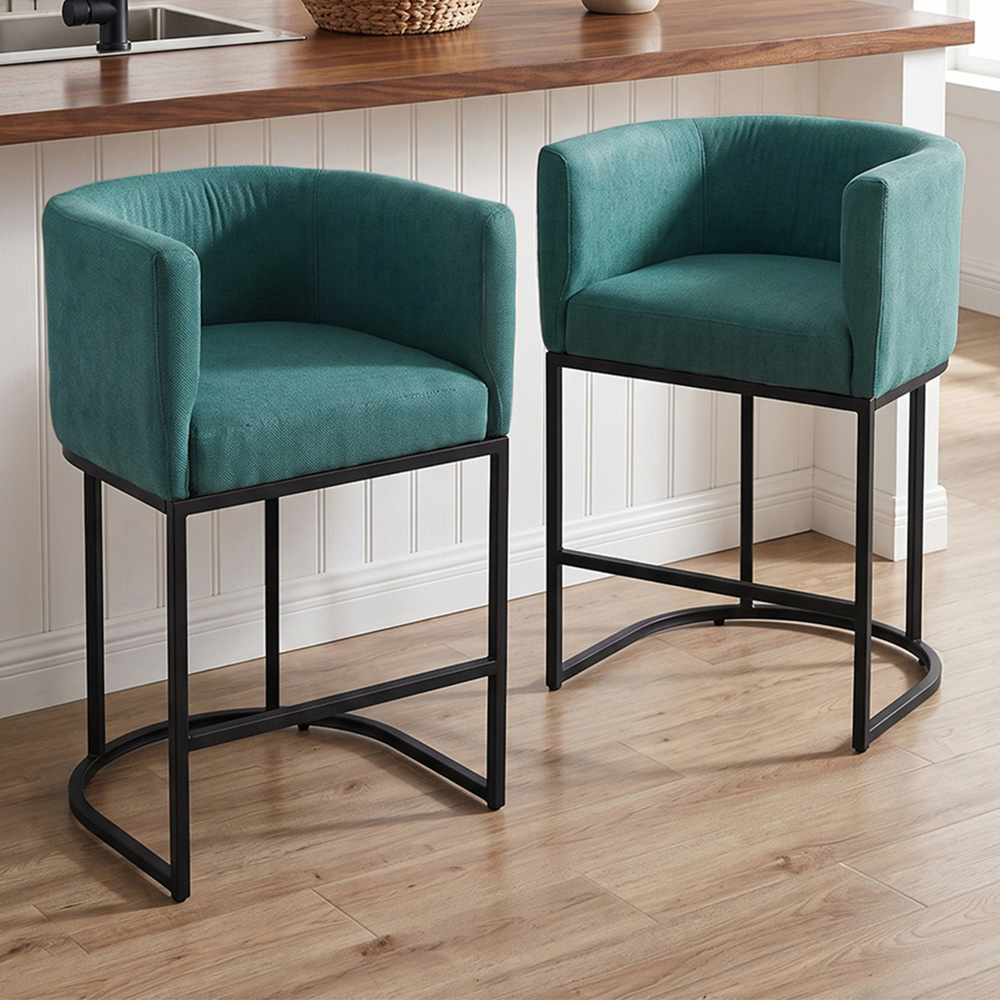 Living and Home Green Chenille Bar Stool with Armrest Set of 2 Image 1
